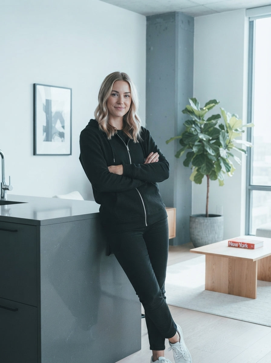 A person wearing a black Gwen Stacy hoodie in a modern, bright apartment with gray and white minimalist decor.