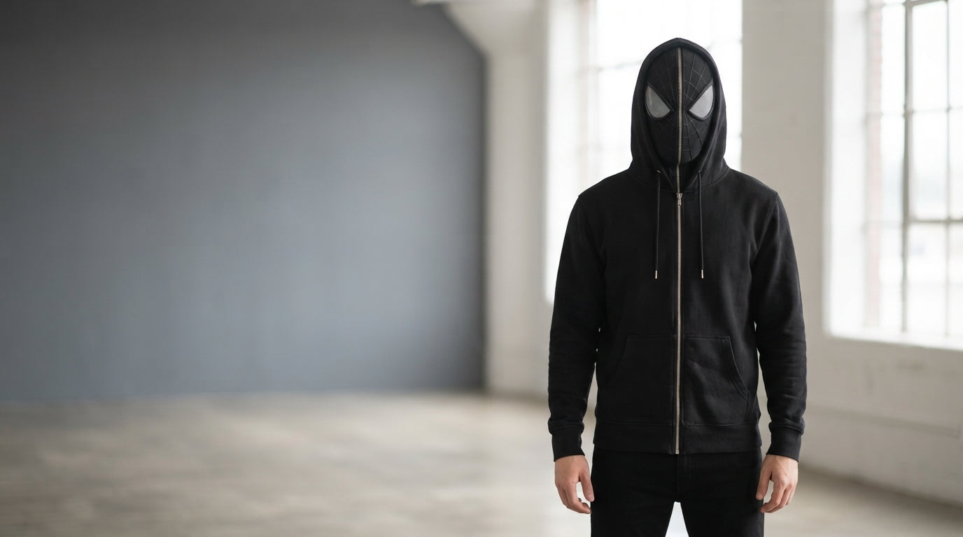 A person wearing a black spider-web hoodie in a modern, bright loft, with clear negative space on the left side.
