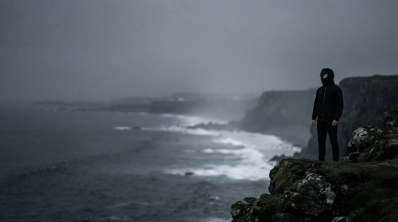 A person wearing a black hoodie standing on a misty, rocky coastline with a calm, uncluttered center for text placement.