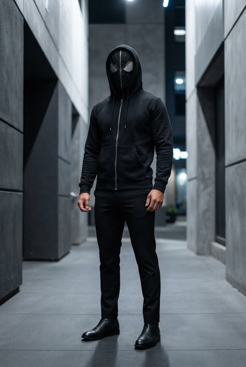 A model wearing a black Spidey hoodie in a modern urban setting with charcoal and slate gray concrete architecture.